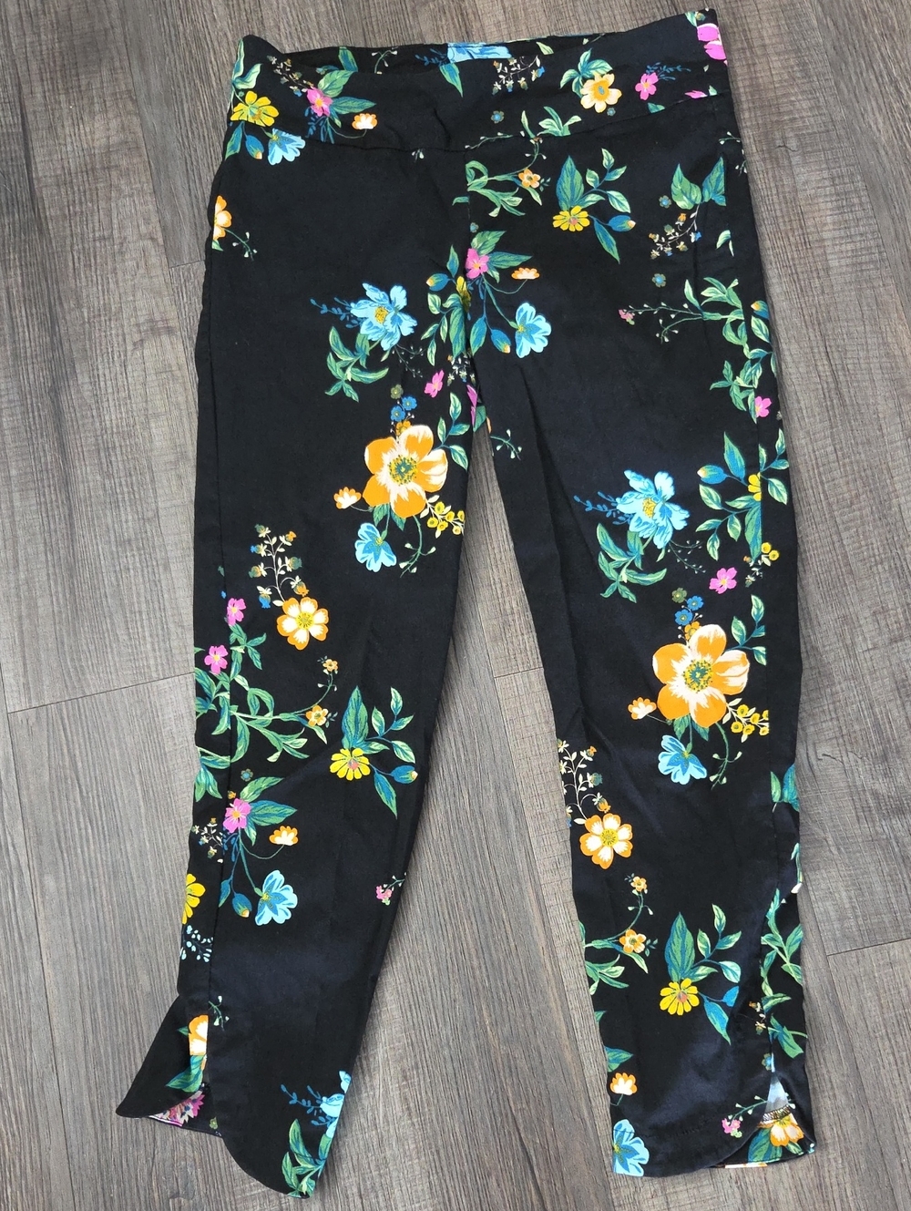 Zac & Rachel Black Floral Crop Pants with Yellow & Blue Blooms
